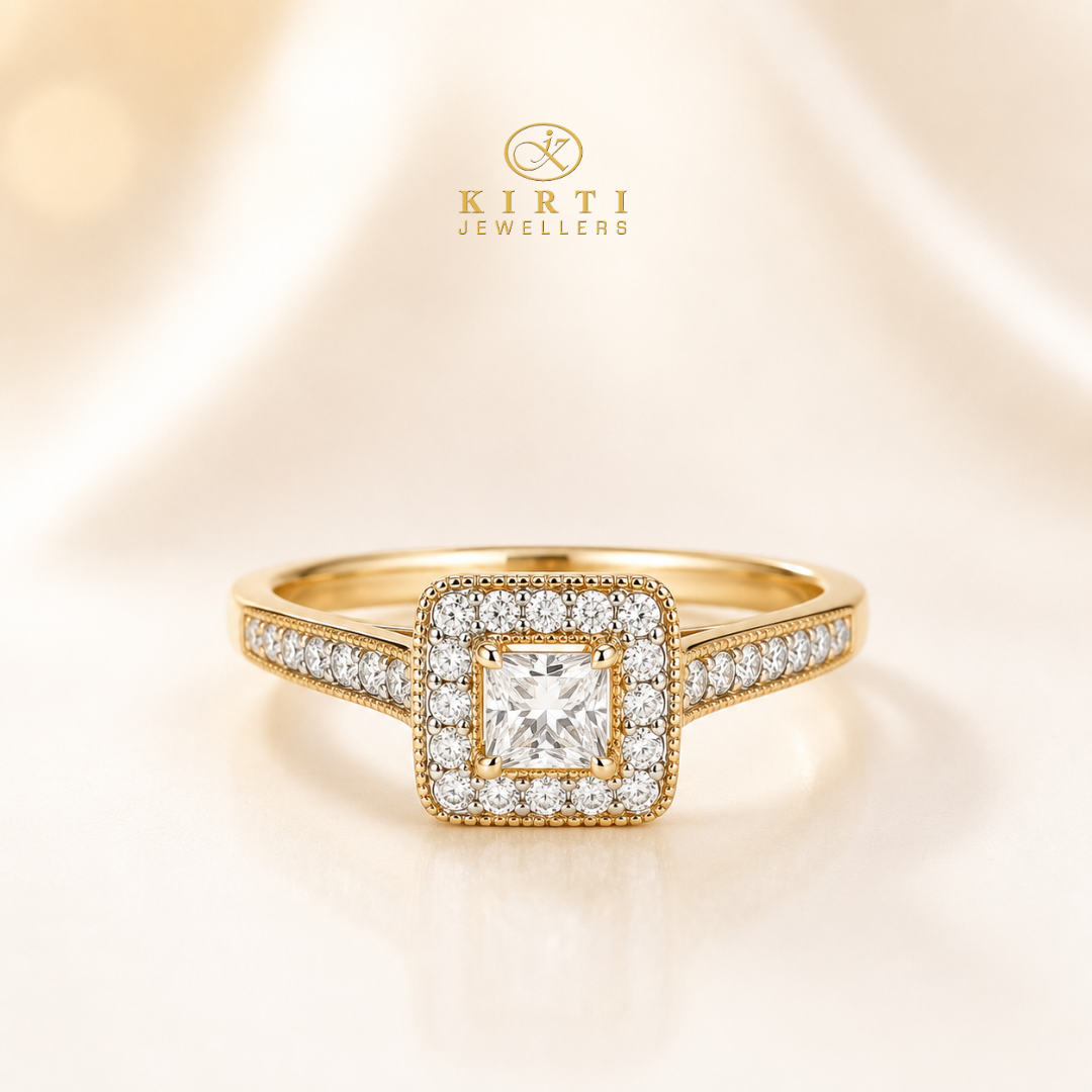 9ct Yellow Gold Square Halo Natural Diamond Ring