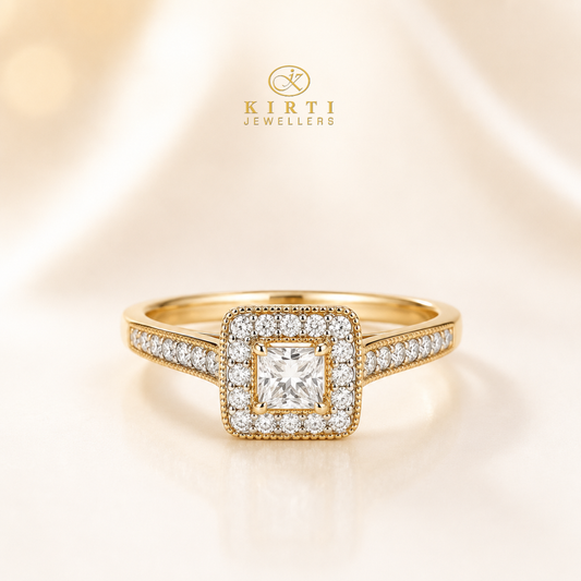 9ct Yellow Gold Square Halo Natural Diamond Ring