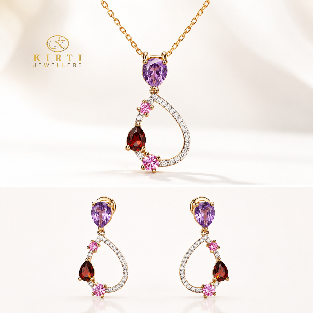 9ct Yellow Gold Colour Gemstone and Natural Diamond Pendant and Earring Set