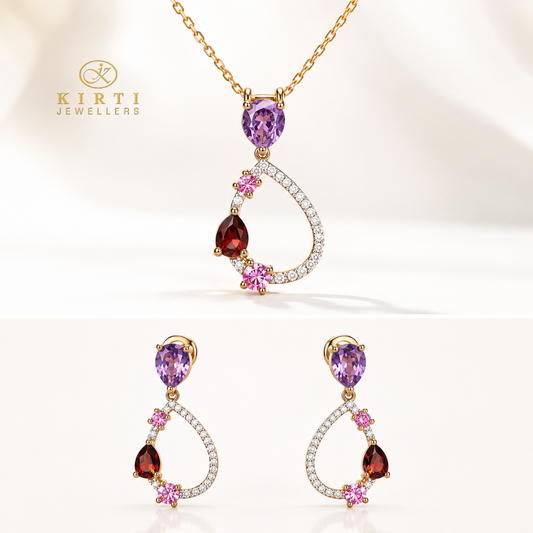 9ct Yellow Gold Colour Gemstone and Natural Diamond Pendant and Earring Set